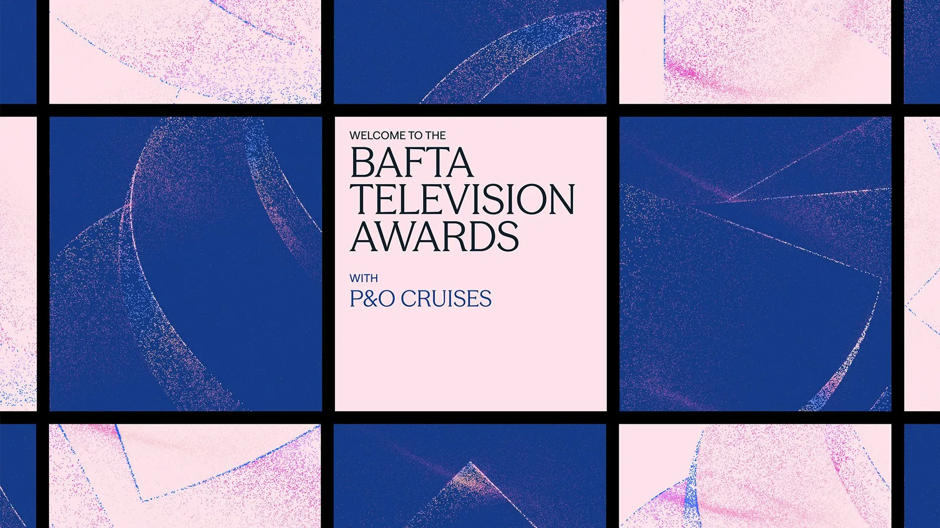 Gráfica del sistema de identidad de los BAFTA TV Awards por Studio Kiln: campos de partículas luminosas que forman corrientes y cúmulos tridimensionales sobre fondo oscuro, junto a tipografía serif contemporánea.