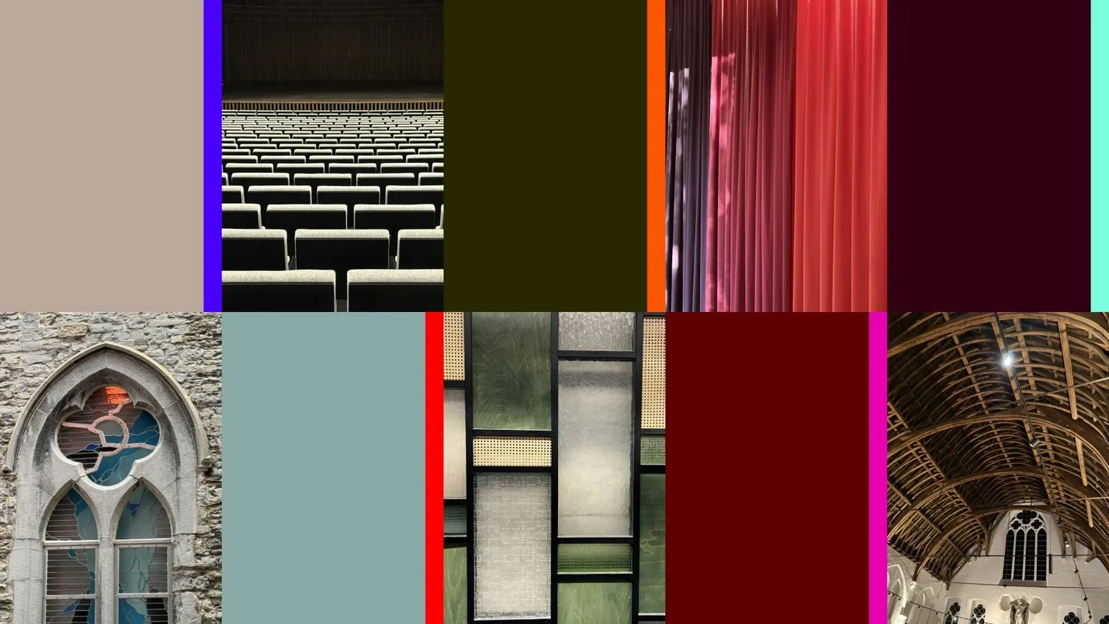 Tablero de paleta de De Bijloke: fotos de un vitral gótico, las butacas de la sala, los telones rojos, una ventana de vidrio emplomado y la bóveda de madera, alternadas con planos de color plano gris, oliva, celeste, granate y vino, separados por franjas finas de violeta, naranja, rojo, magenta y verde agua.
