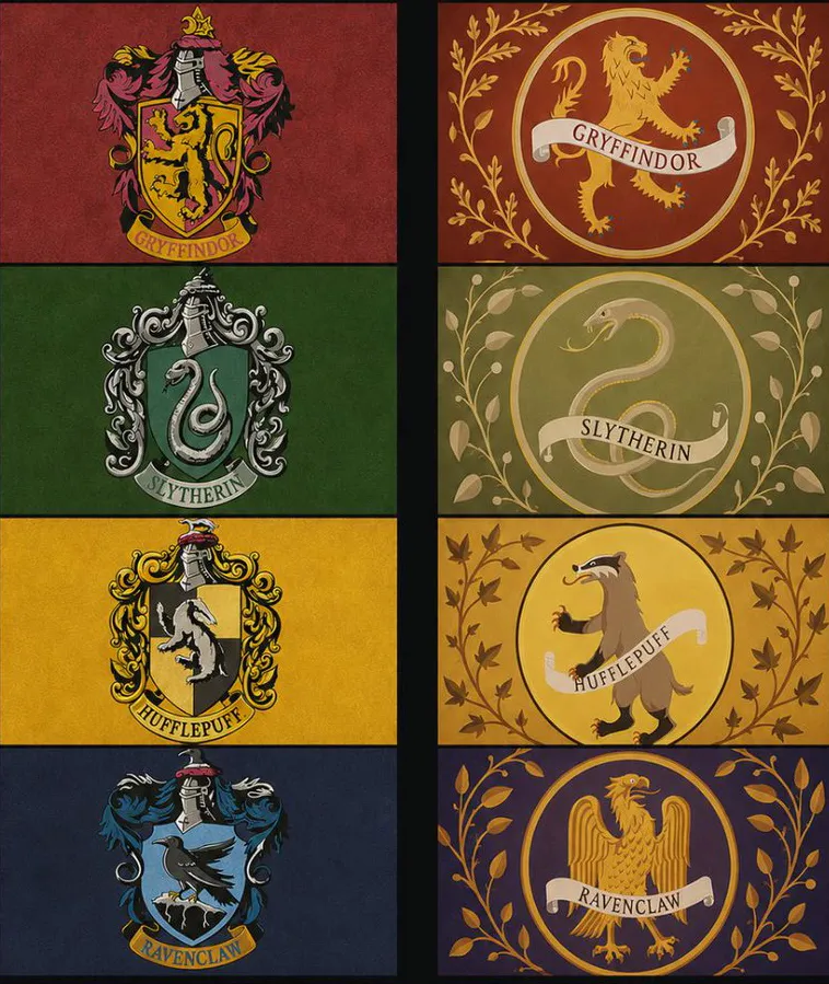 Comparativa en dos columnas de los cuatro escudos de las casas de Hogwarts: a la izquierda las versiones de las películas, con escudo, yelmo y lambrequines; a la derecha las nuevas versiones de HBO, con el animal dentro de un círculo, borde vegetal y una banderola con el nombre de la casa.