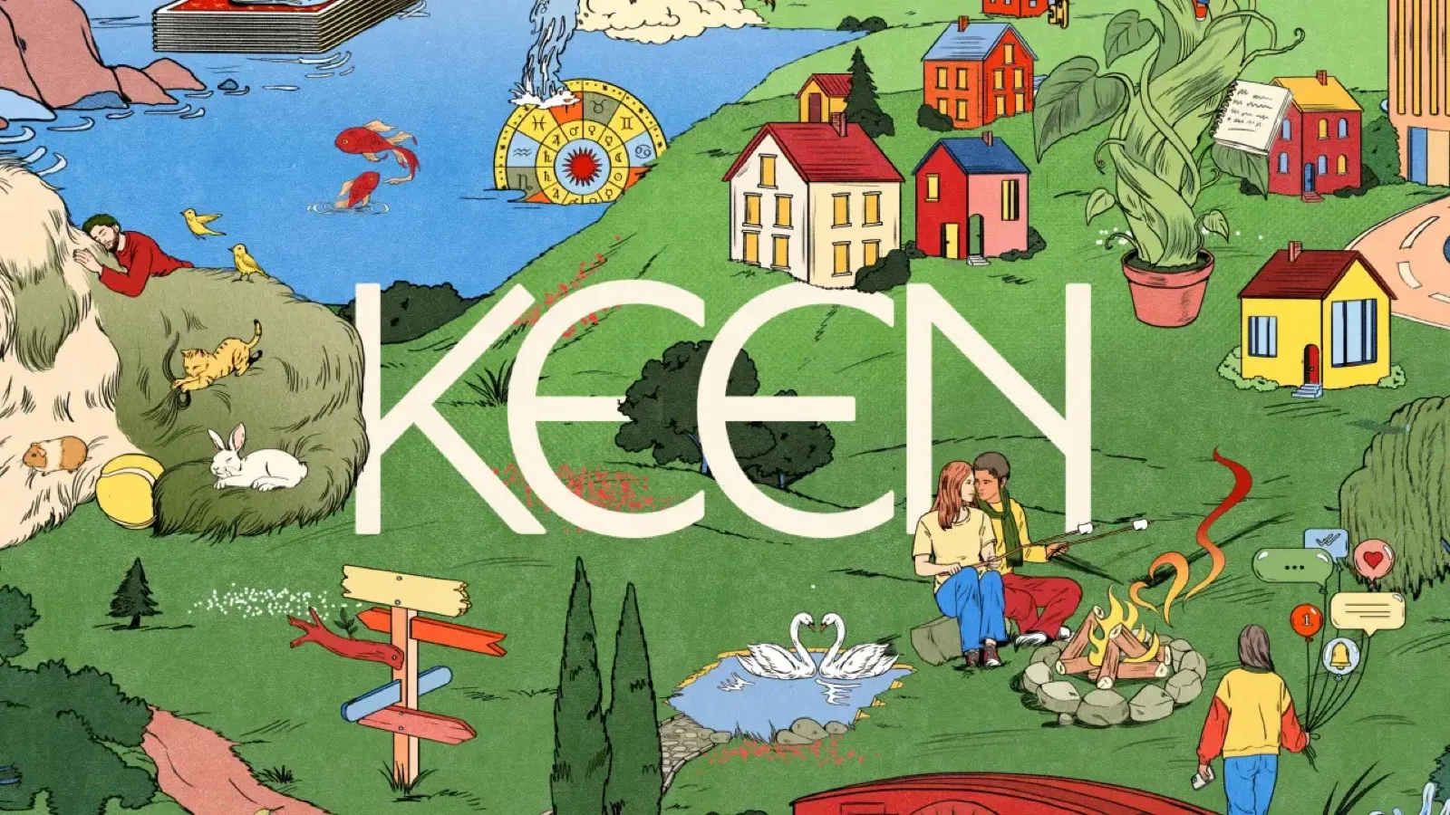 Identidad de Keen: un paisaje ilustrado con casas de colores, colinas, un cisne, una fogata con dos personas y una rueda zodiacal, con el wordmark KEEN en el centro.