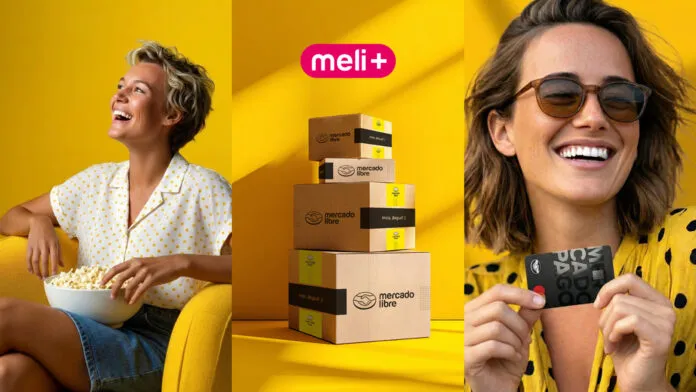 Pieza del nuevo sistema de identidad de Meli+: aplicaciones en magenta del logo y las comunicaciones del programa de suscripción de Mercado Libre.