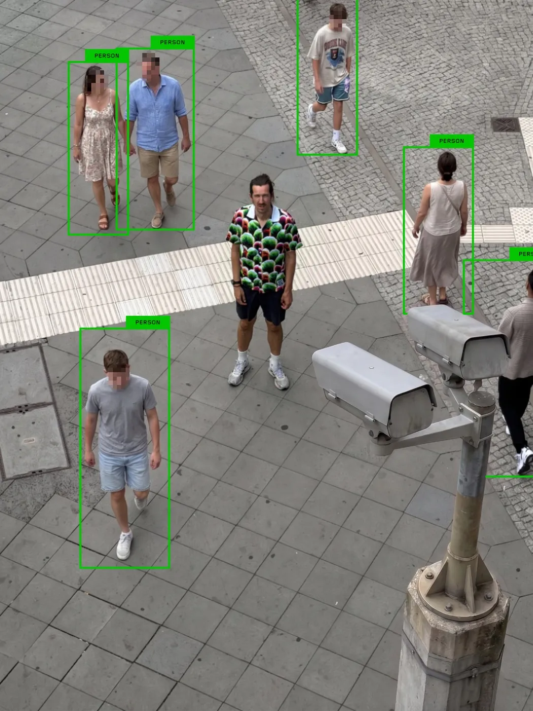 Vista cenital de una plaza: cinco peatones aparecen encerrados en rectángulos verdes etiquetados PERSON por un sistema de detección de objetos; el hombre del centro, con la camisa estampada de Digital Camouflage, no tiene rectángulo. A la derecha, dos cámaras de vigilancia sobre un poste.